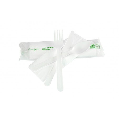 Set Cubiertos Tenedor, Cuchara, Cuchillo y Servilleta CPLA, 500 Unidades.