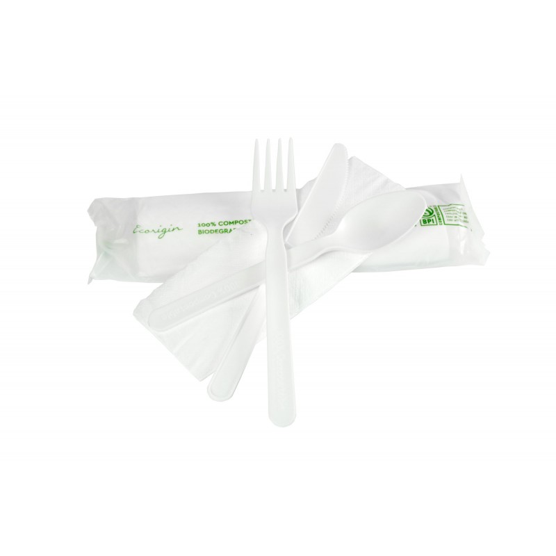Set Cubiertos de 17,5 cm Tenedor, Cuchara, Cuchillo y Servilleta CPLA 100 unidades