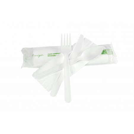 Conjunto Talheres 17,5 cm Garfo, Colher, Faca e Guardanapo CPLA 100 unidades